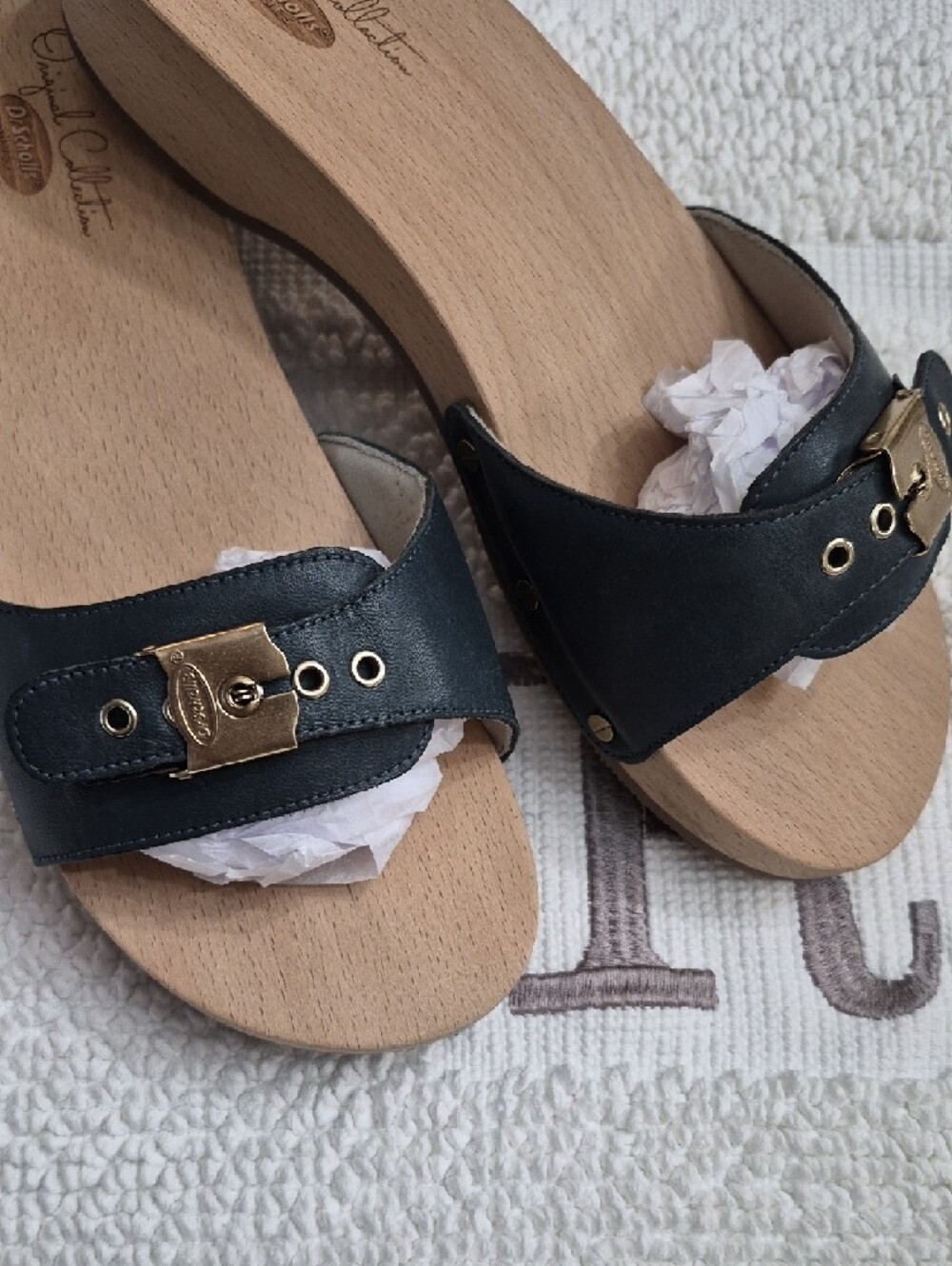 ORIGINAL COLLECTION/ DR. SCHOLLS Blue Leather Slide Sandals Gold Buckle 10 - Picture 2 of 12